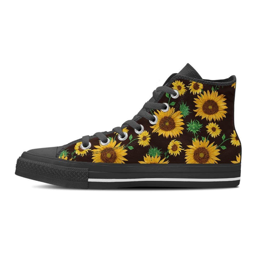 Black Sunflower Print Women's High Top Shoes-grizzshop