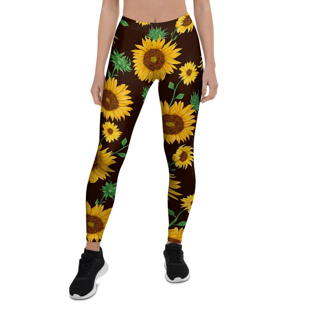 Black Sunflower Print Women's Leggings-grizzshop