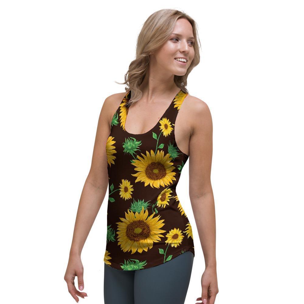 Black Sunflower Print Women's Racerback Tank Top-grizzshop