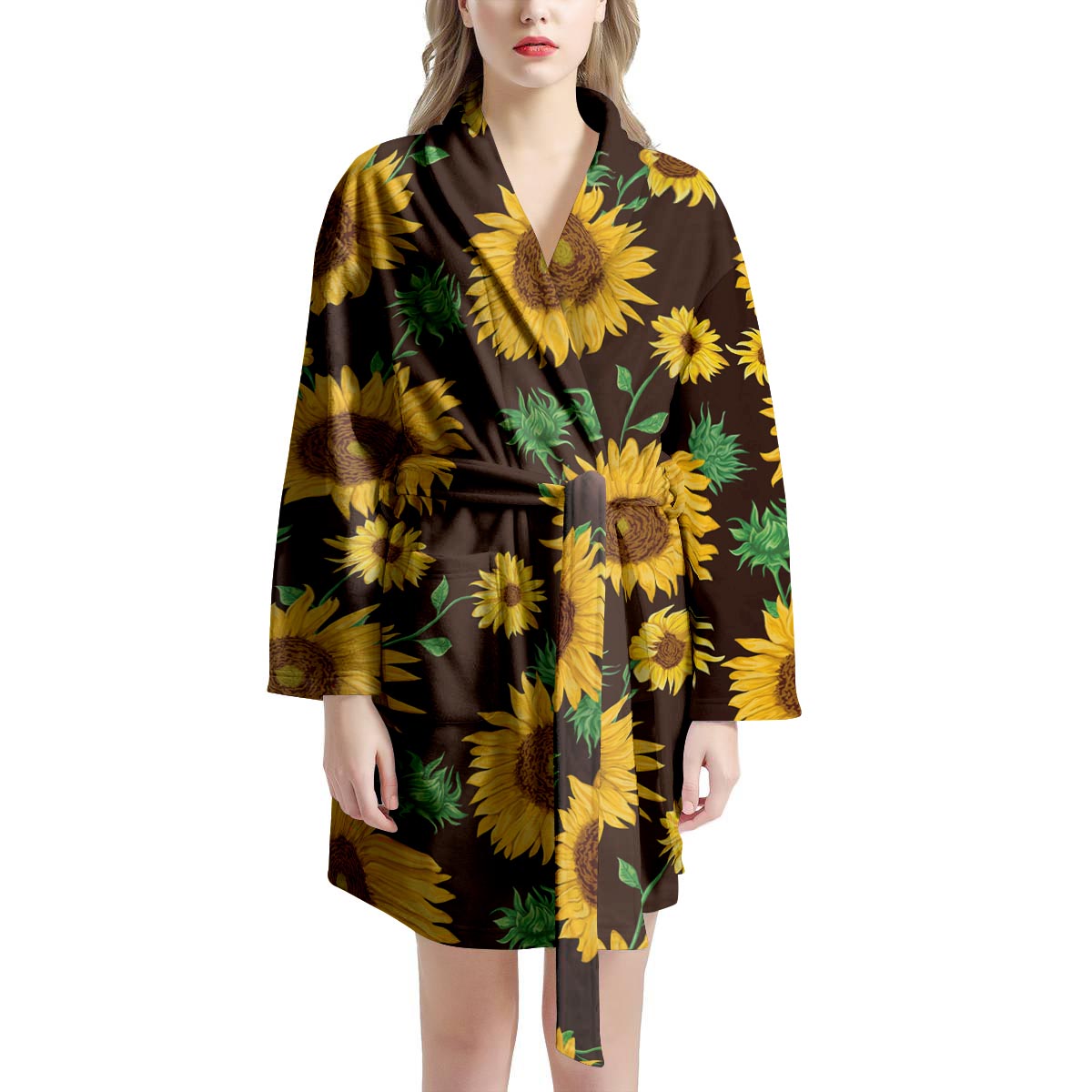 Black Sunflower Print Women's Robe-grizzshop