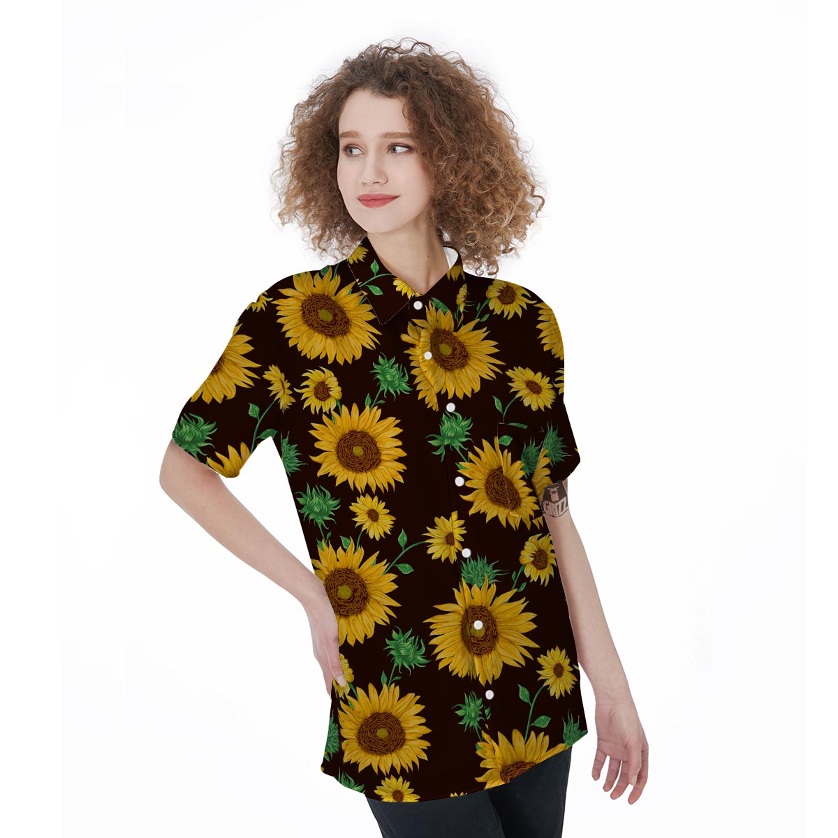 Black Sunflower Print Women's Short Sleeve Shirts-grizzshop