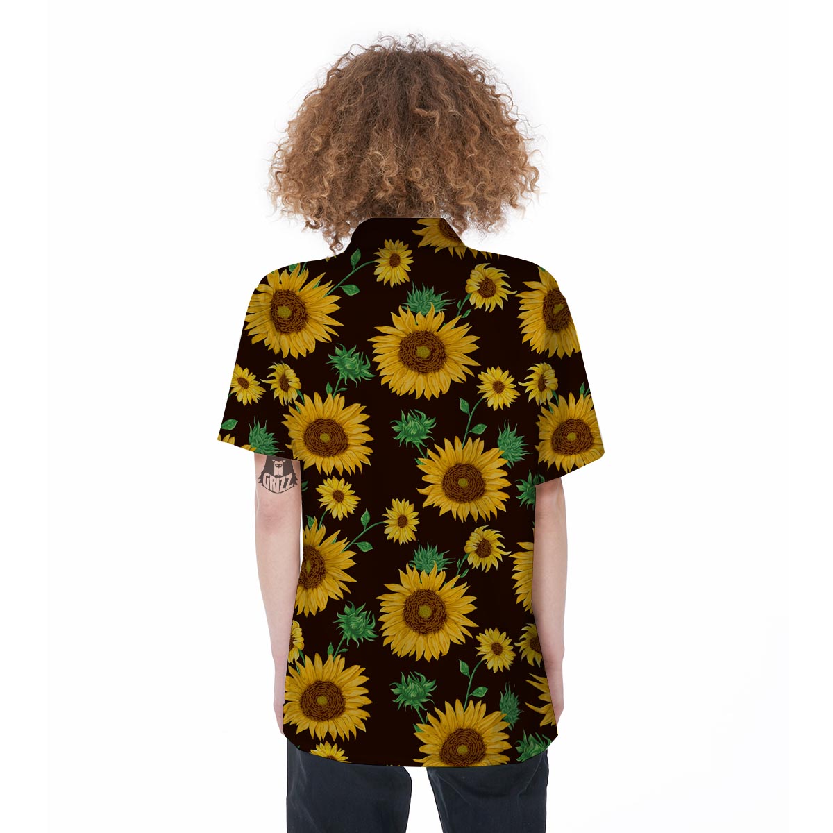 Black Sunflower Print Women's Short Sleeve Shirts-grizzshop