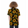 Black Sunflower Print Women's Short Sleeve Shirts-grizzshop