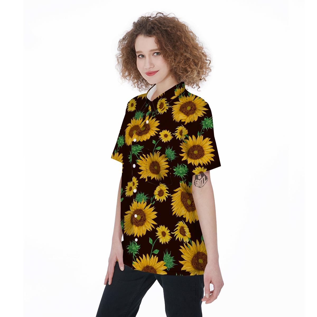 Black Sunflower Print Women's Short Sleeve Shirts-grizzshop