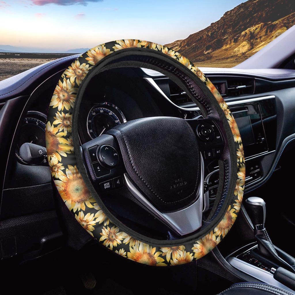 Black Sunflower Steering Wheel Cover-grizzshop