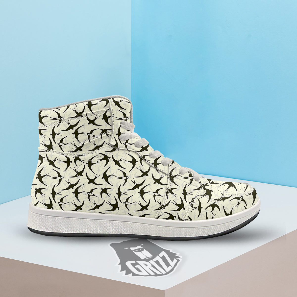 Black Swallow Vintage Print Pattern High Top Sneakers-grizzshop