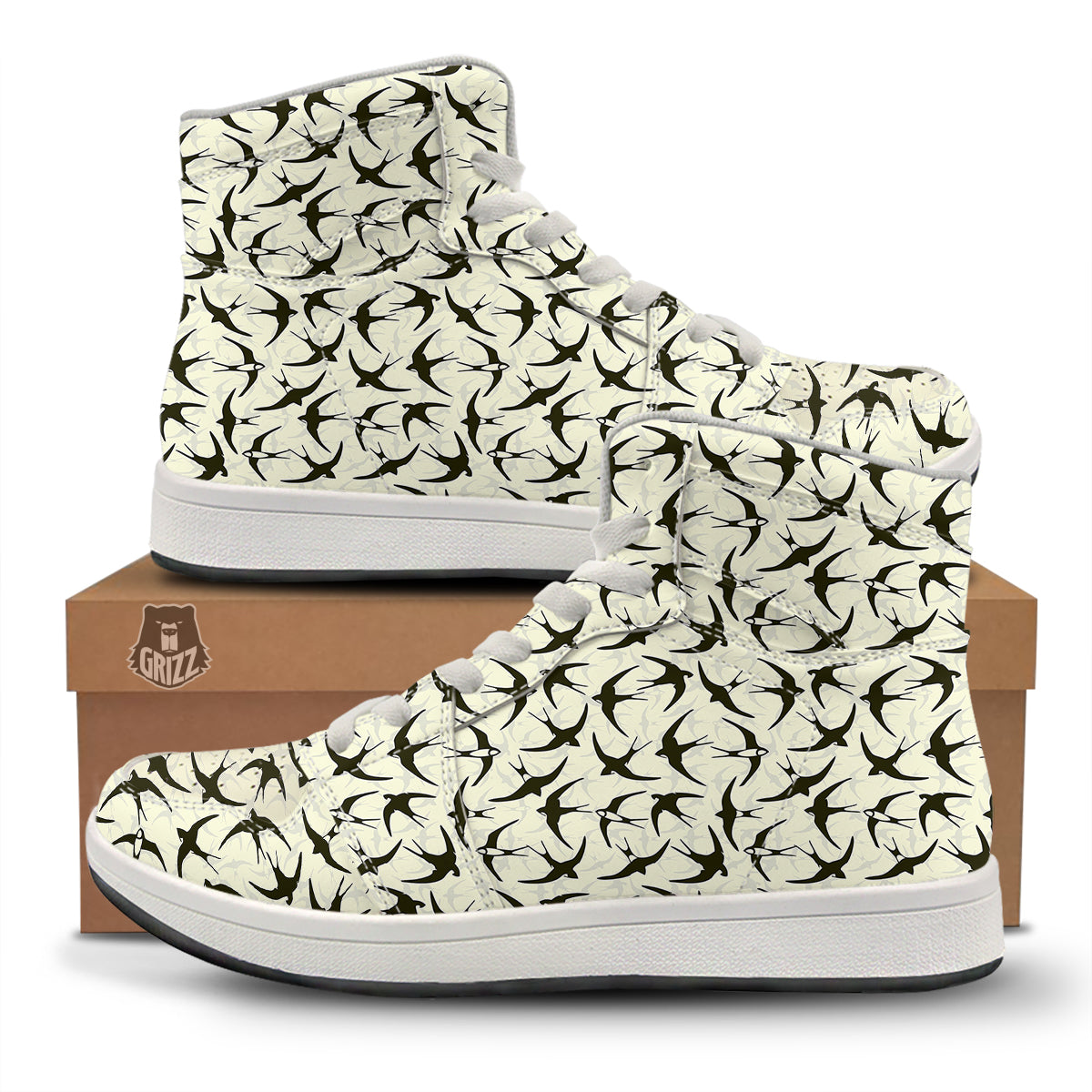 Black Swallow Vintage Print Pattern High Top Sneakers-grizzshop