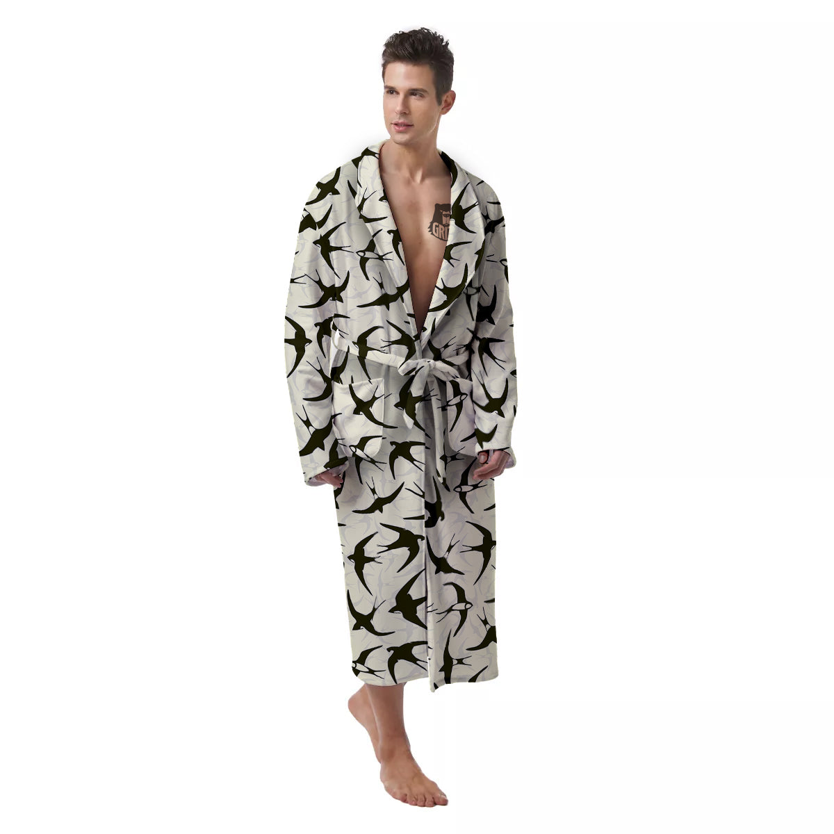 Black Swallow Vintage Print Pattern Men's Robe-grizzshop
