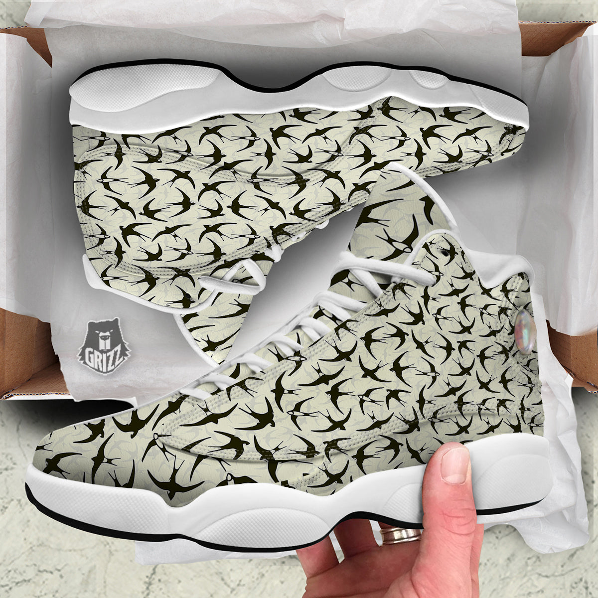 Black Swallow Vintage Print Pattern White Basketball Shoes-grizzshop