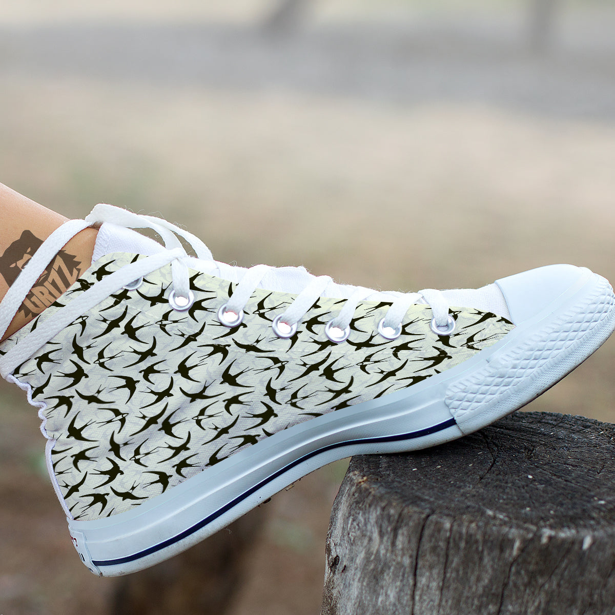 Black Swallow Vintage Print Pattern White High Top Shoes-grizzshop