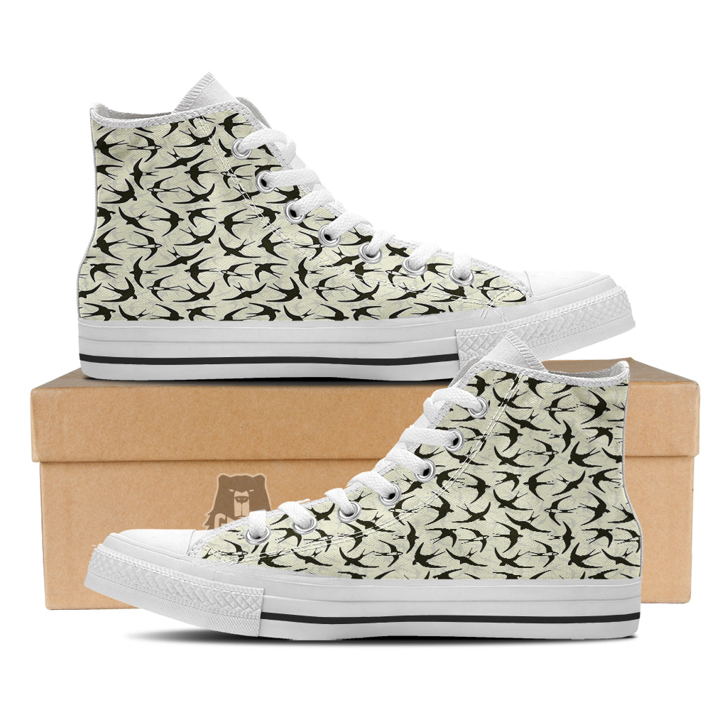 Black Swallow Vintage Print Pattern White High Top Shoes-grizzshop