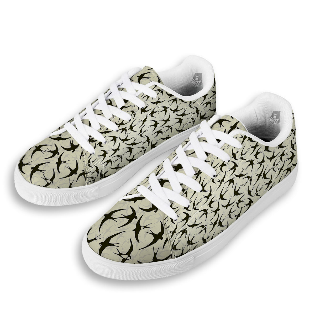 Black Swallow Vintage Print Pattern White Low Top Sneakers-grizzshop