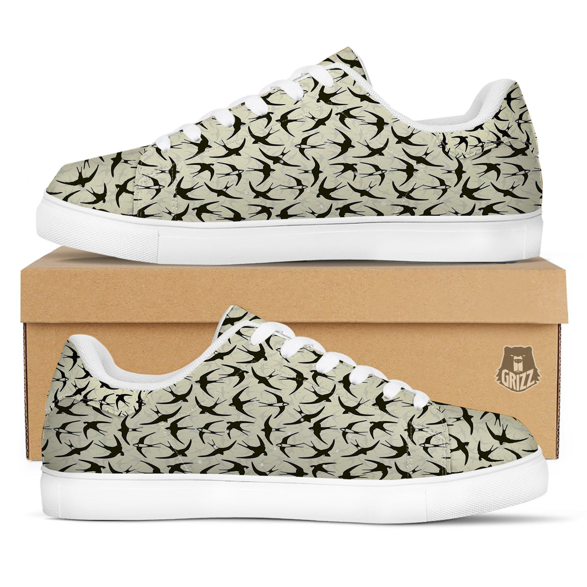 Black Swallow Vintage Print Pattern White Low Top Sneakers-grizzshop