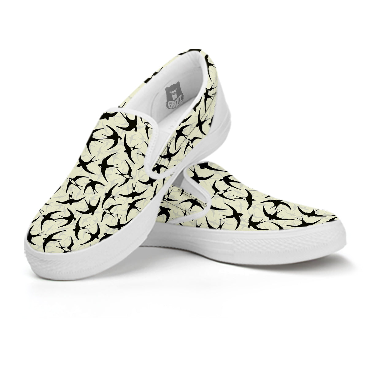 Black Swallow Vintage Print Pattern White Slip On Shoes-grizzshop