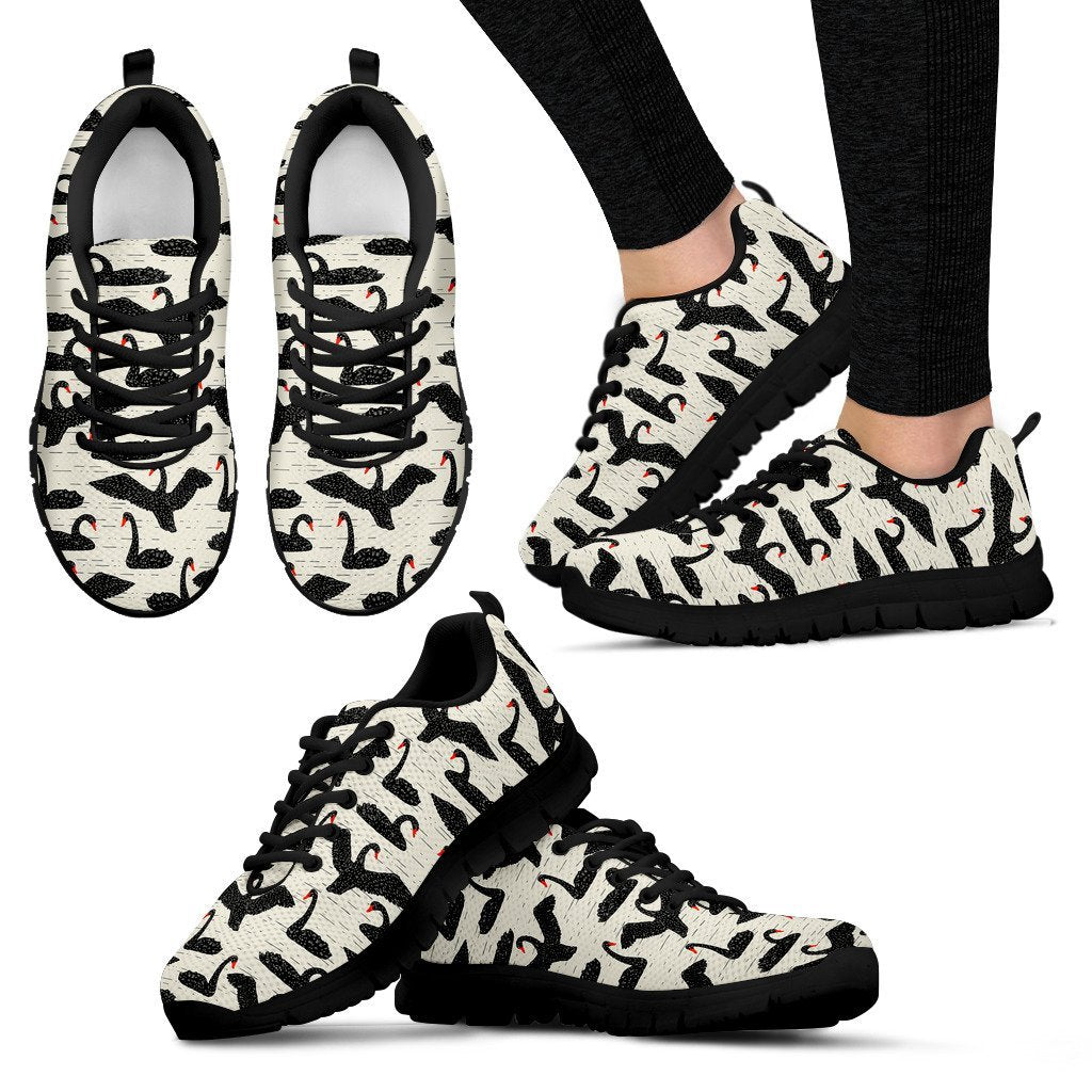 Black Swan Pattern Print Black Sneaker Shoes For Men Women-grizzshop