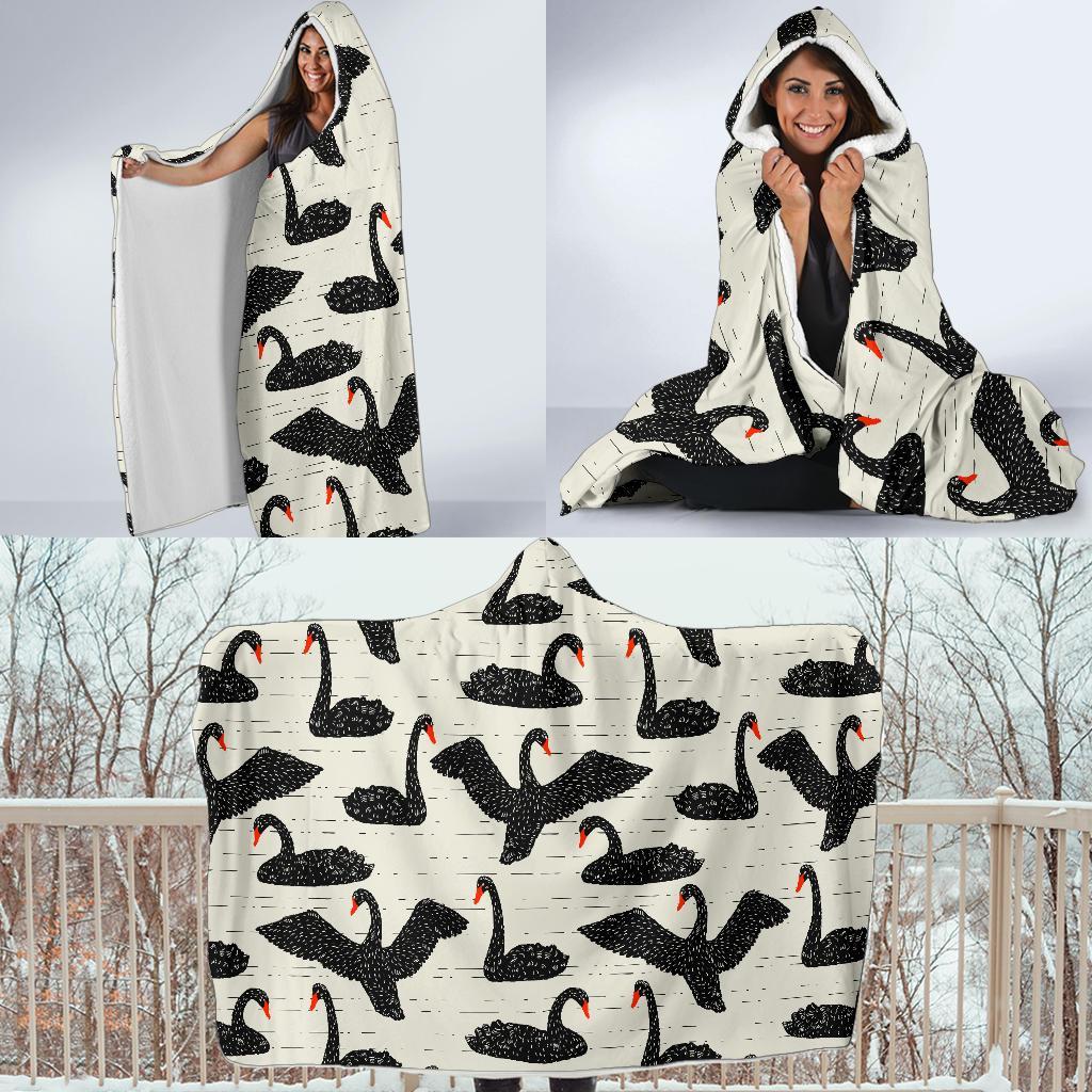 Black Swan Pattern Print Hooded Blanket-grizzshop