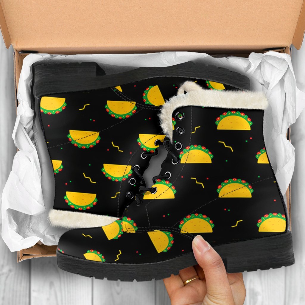 Black Taco Pattern Print Comfy Winter Boots-grizzshop