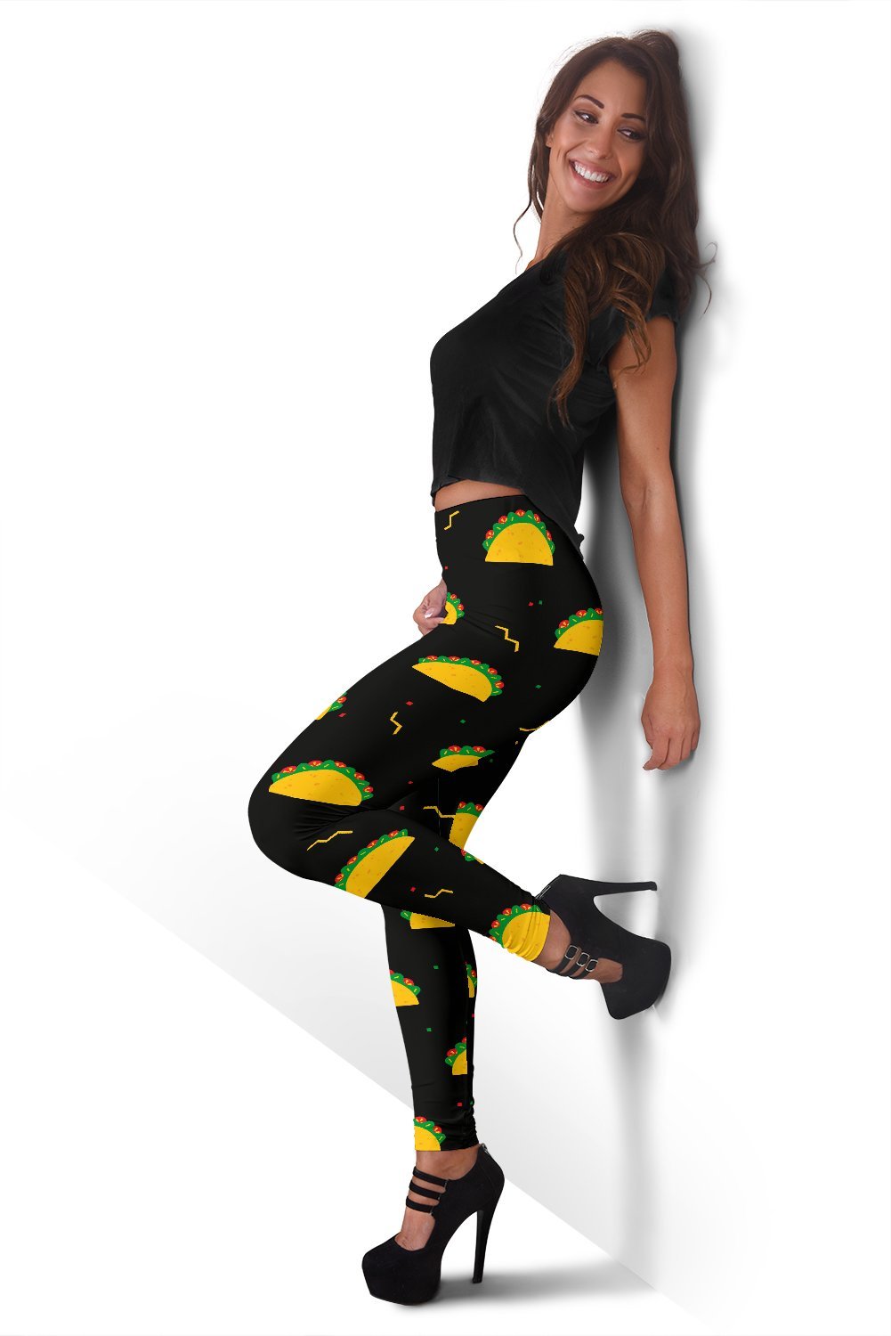 Black Taco Print Pattern Women Leggings-grizzshop