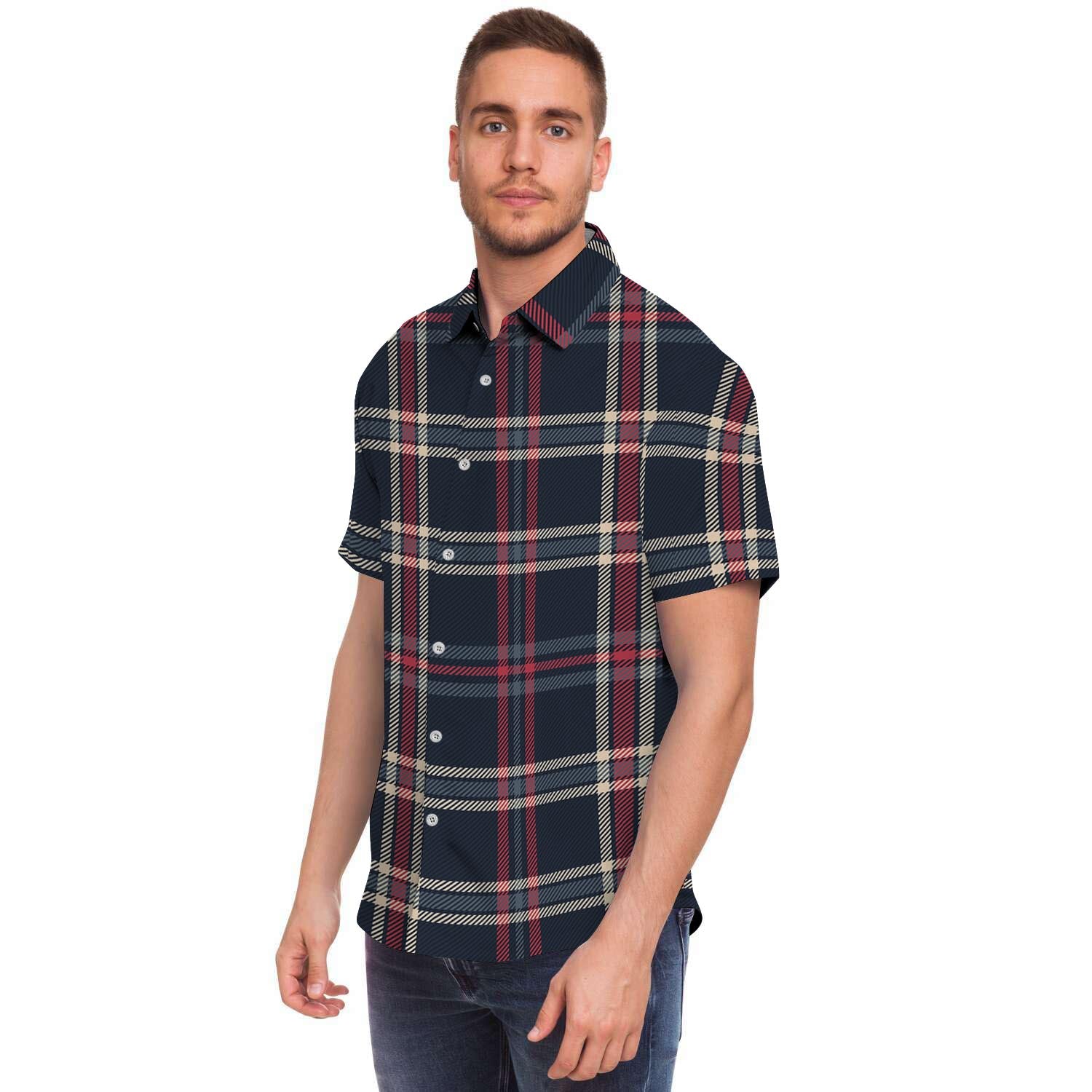 Black Tartan Plaid Men's Short Sleeve Shirt-grizzshop