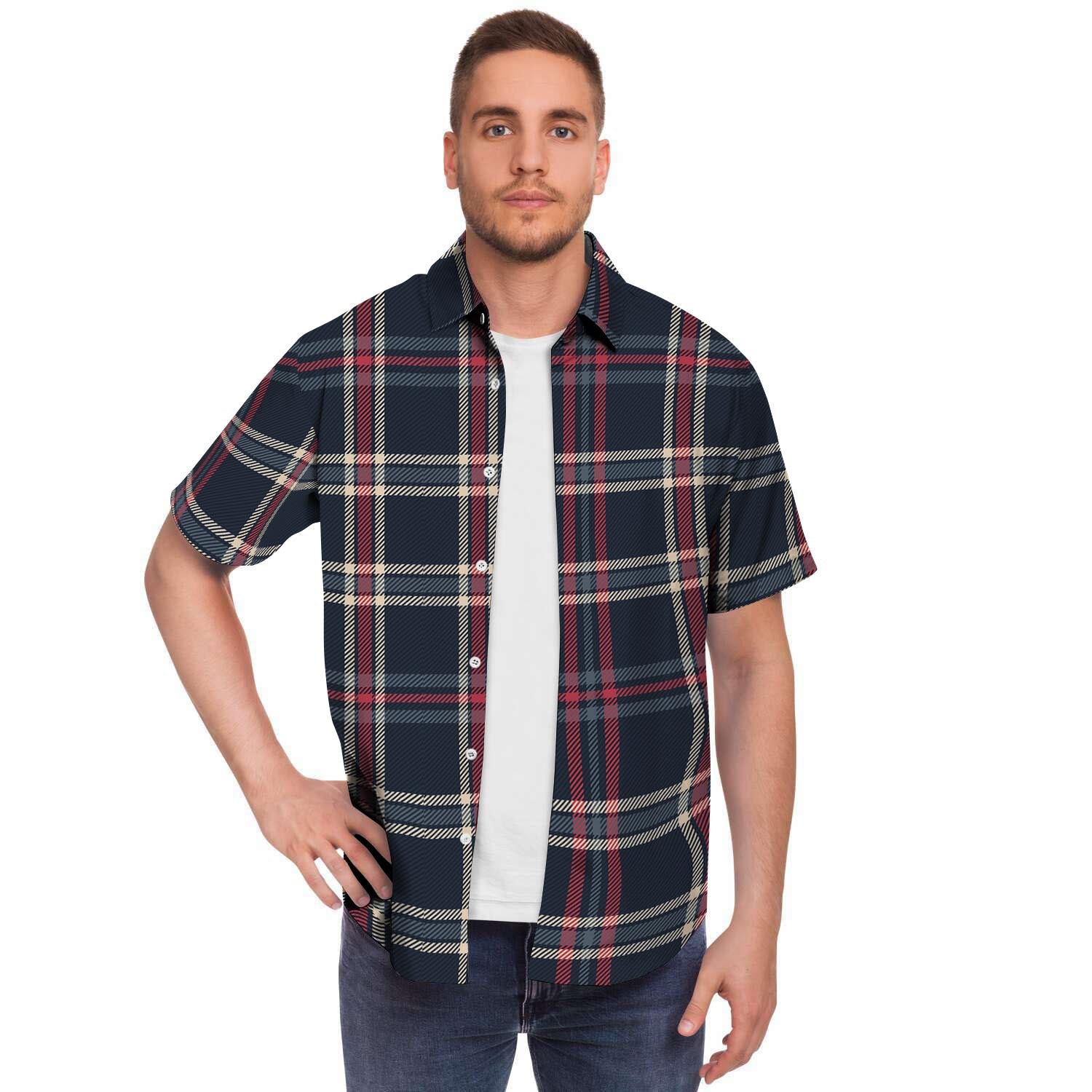 Black Tartan Plaid Men's Short Sleeve Shirt-grizzshop