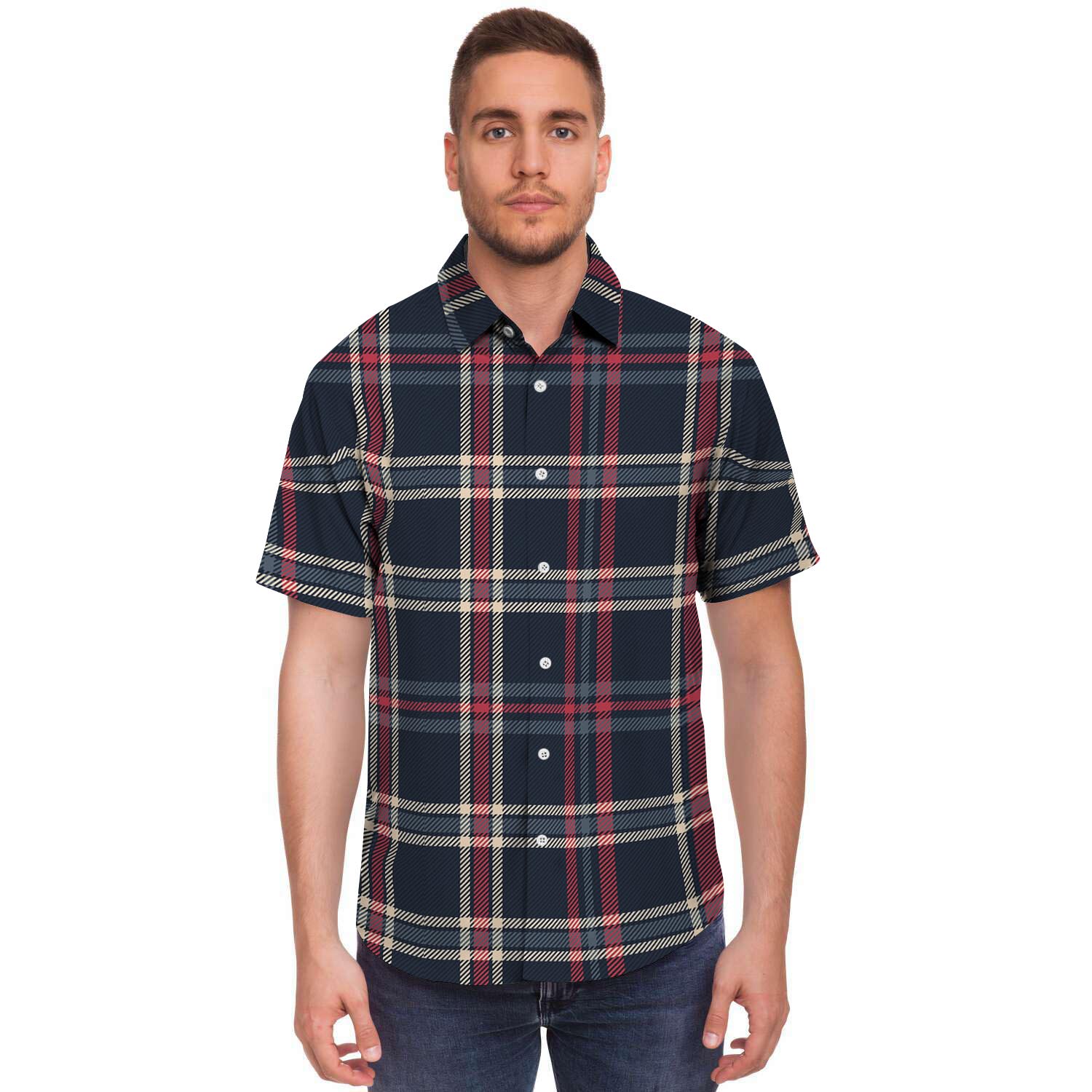 Black Tartan Plaid Men's Short Sleeve Shirt-grizzshop