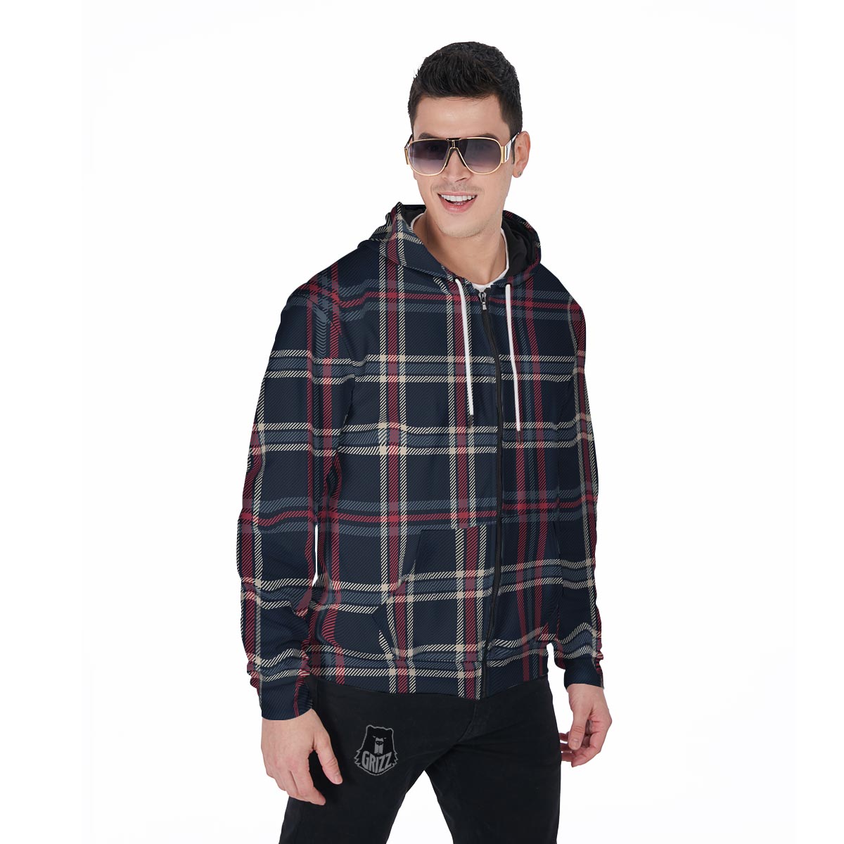 Black Tartan Plaid Men's Zip Up Hoodie-grizzshop