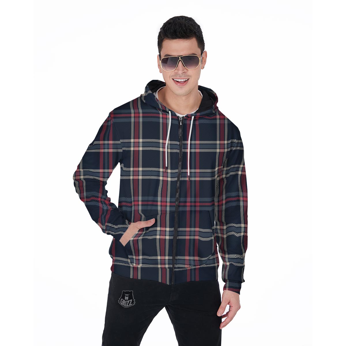 Black Tartan Plaid Men's Zip Up Hoodie-grizzshop