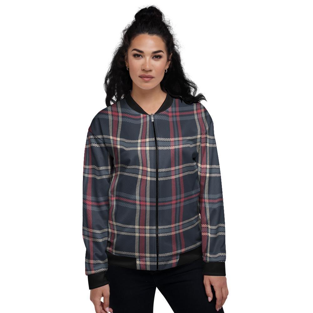Black Tartan Plaid Women's Bomber Jacket-grizzshop