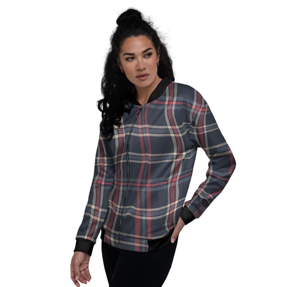 Black Tartan Plaid Women's Bomber Jacket-grizzshop