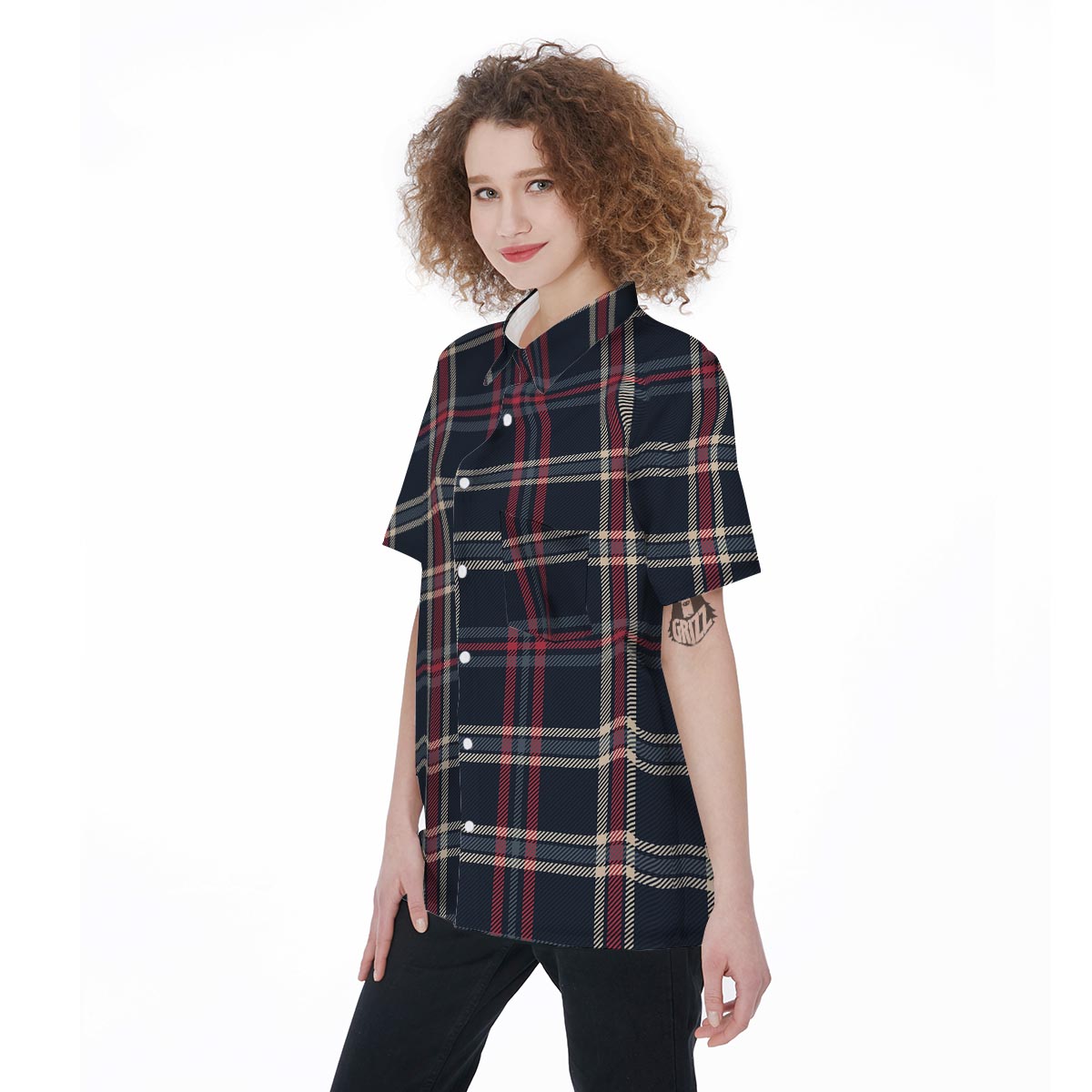 Black Tartan Plaid Women's Short Sleeve Shirts-grizzshop