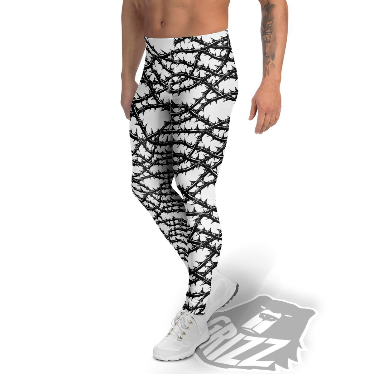 Black Thorn Horror Style Print Pattern Men's Leggings-grizzshop