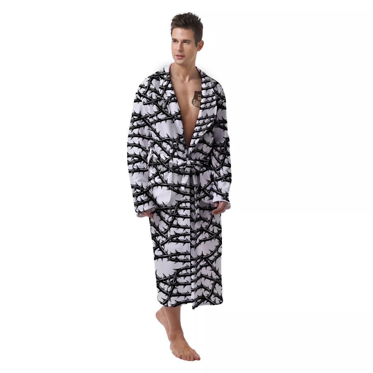 Black Thorn Horror Style Print Pattern Men's Robe-grizzshop