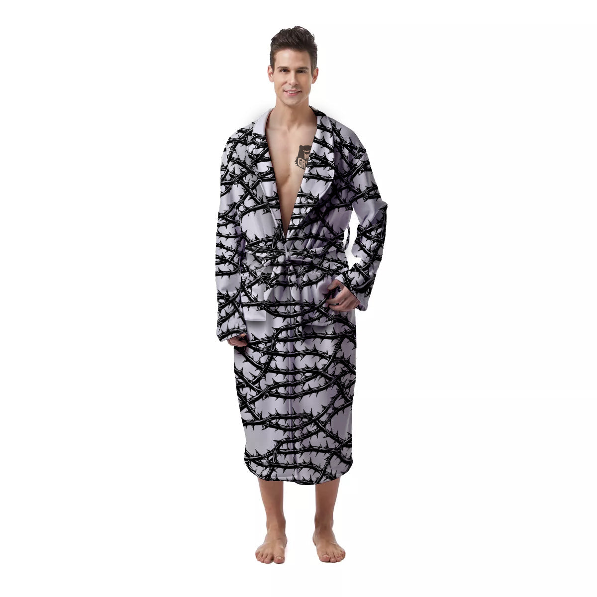 Black Thorn Horror Style Print Pattern Men's Robe-grizzshop