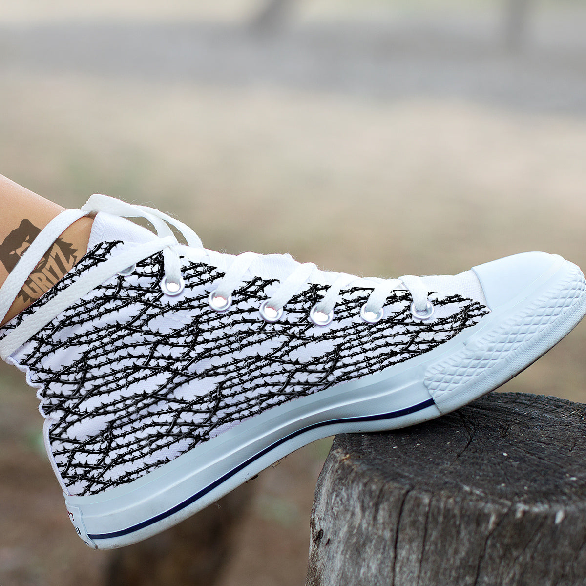Black Thorn Horror Style Print Pattern White High Top Shoes-grizzshop