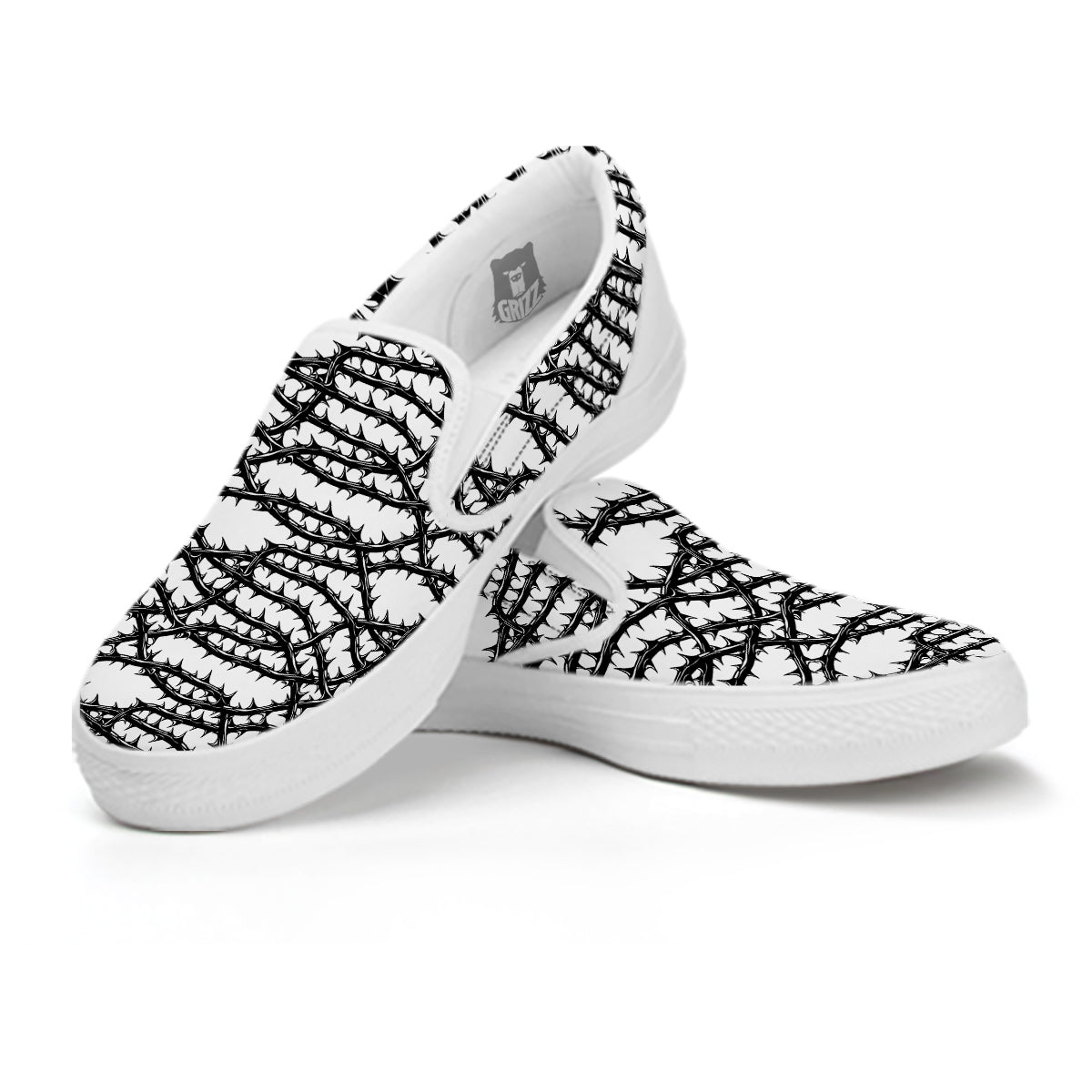 Black Thorn Horror Style Print Pattern White Slip On Shoes-grizzshop
