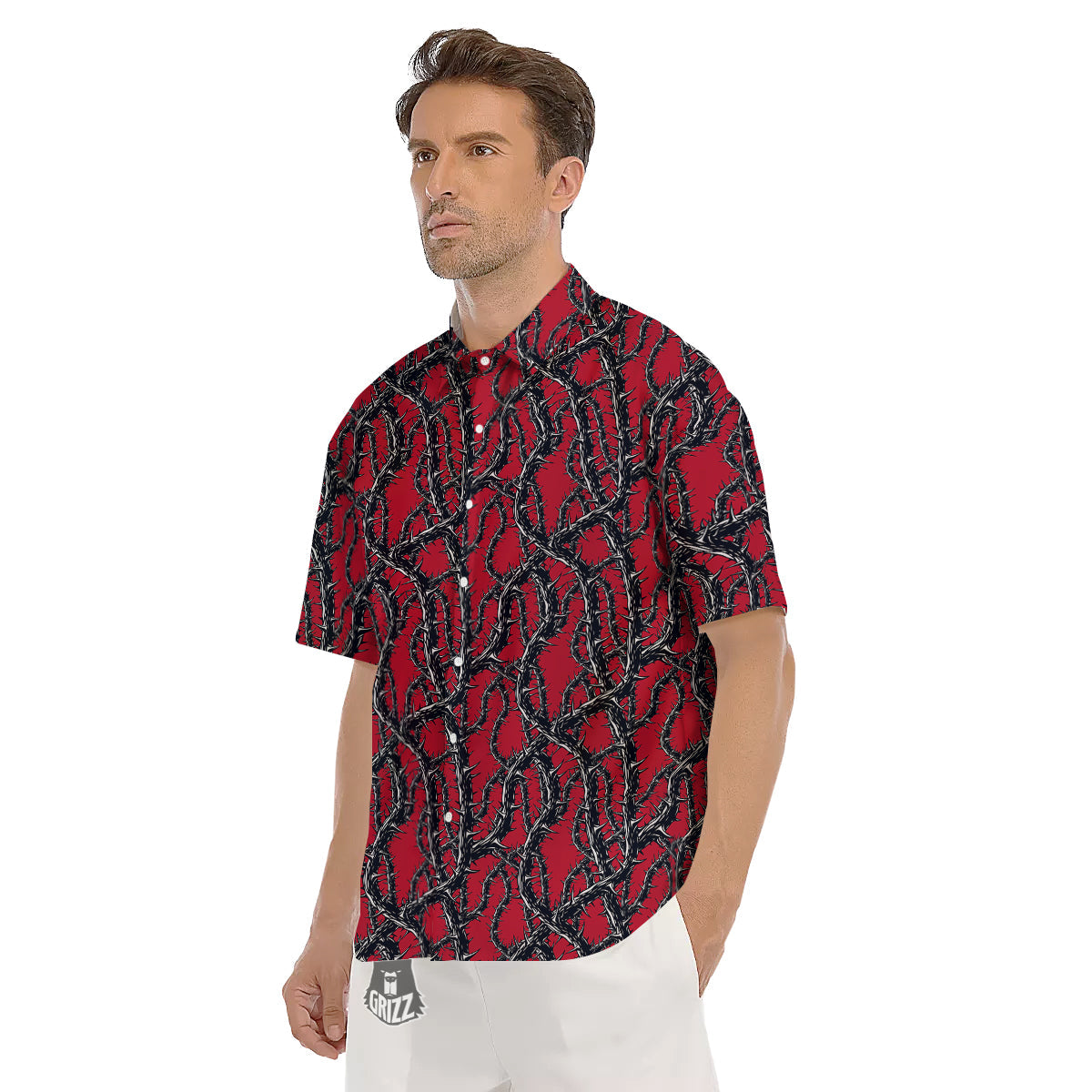 Black Thorns Horror Print Pattern Men's Short Sleeve Shirts-grizzshop