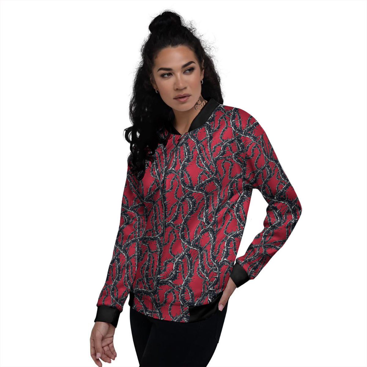 Black Thorns Horror Print Pattern Women's Bomber Jacket-grizzshop
