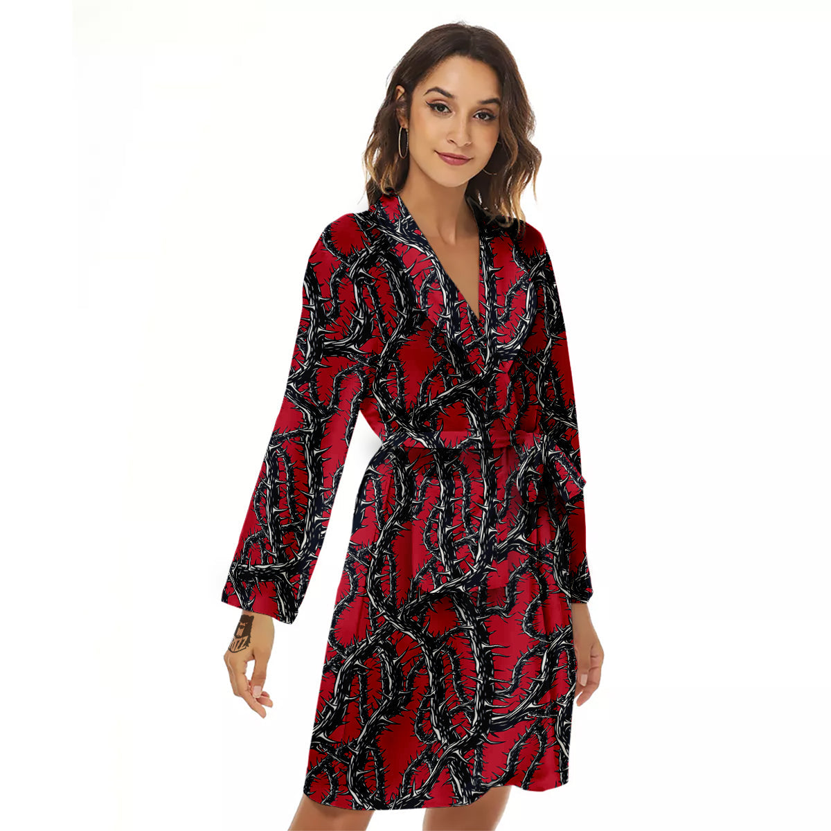 Black Thorns Horror Print Pattern Women's Robe-grizzshop