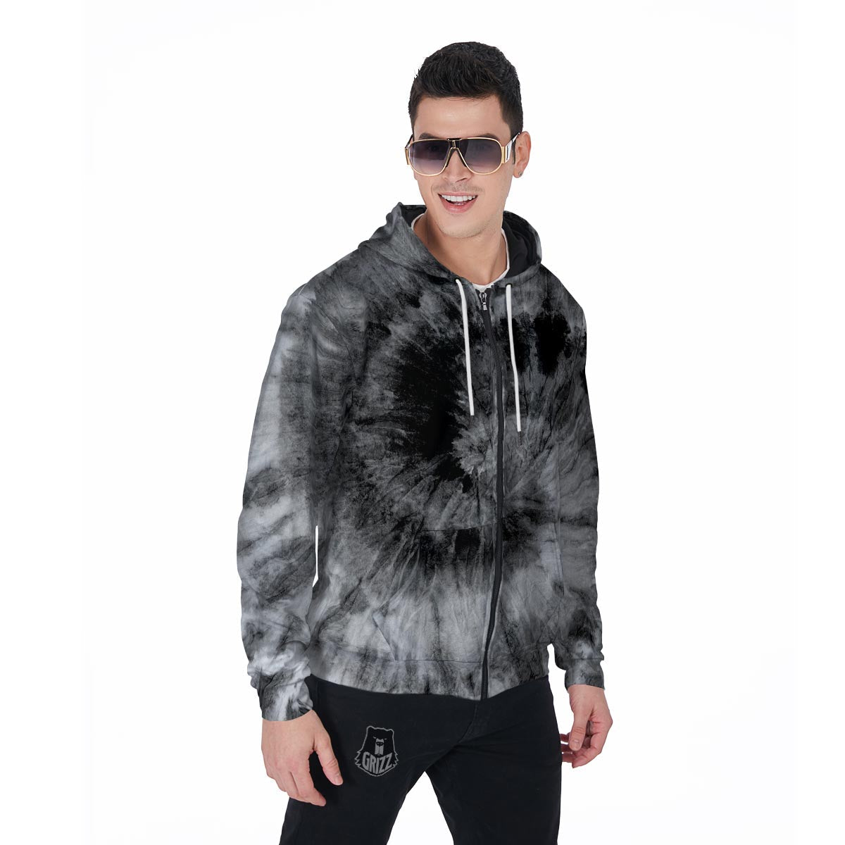 Black Tie Dye Men's Zip Up Hoodie-grizzshop