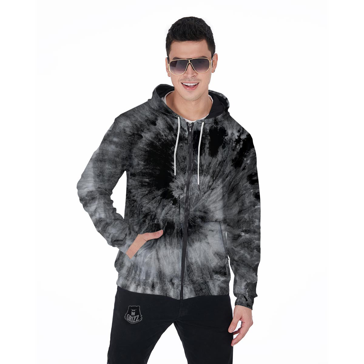 Black Tie Dye Men's Zip Up Hoodie-grizzshop