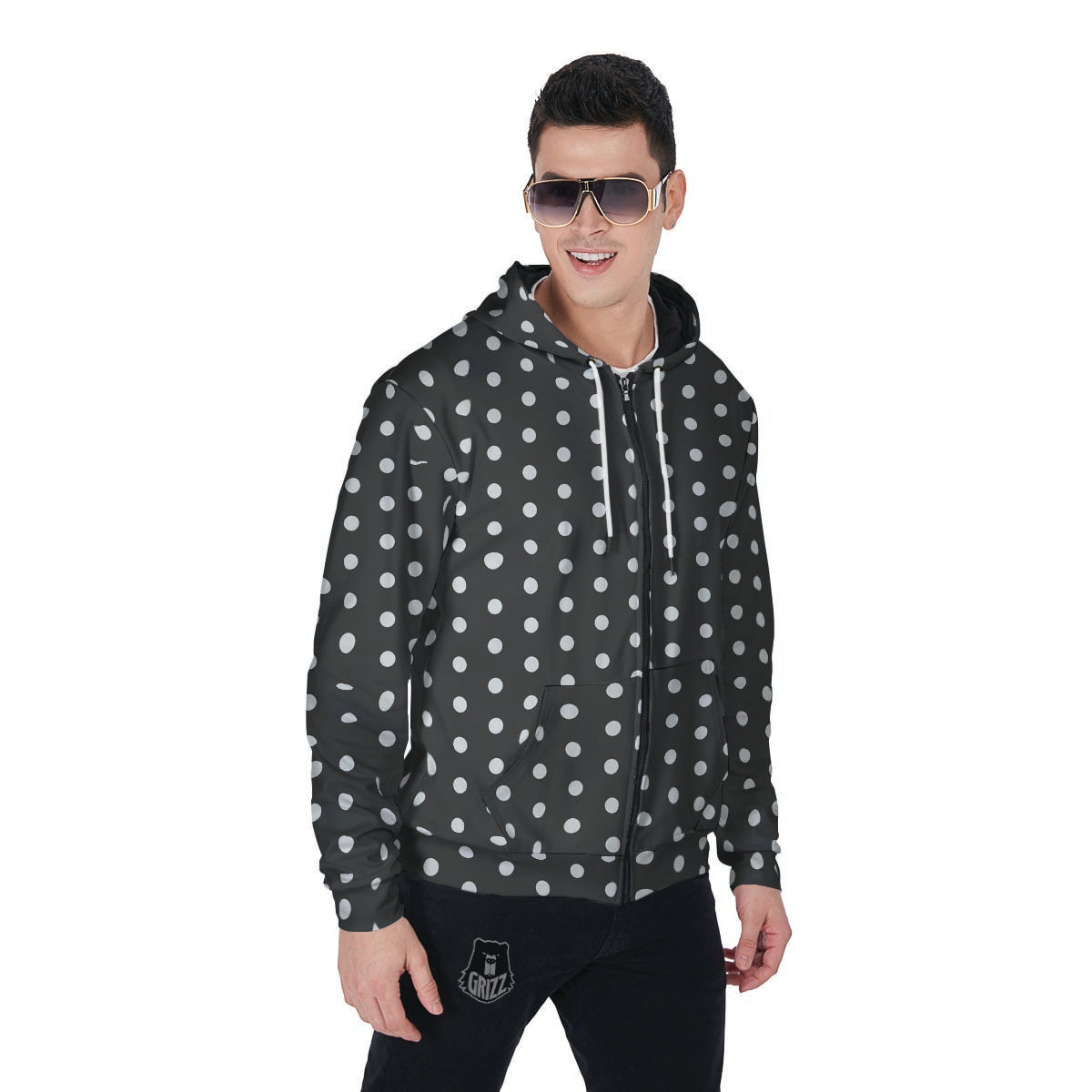 Black Tiny Polka Dot Men's Zip Up Hoodie-grizzshop
