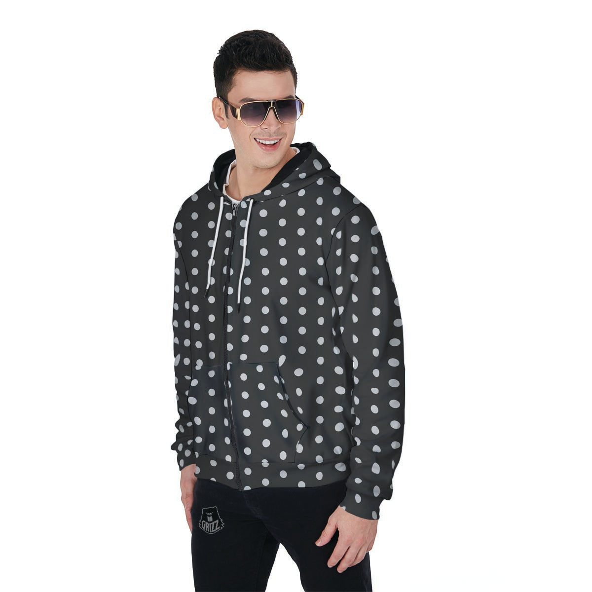 Black Tiny Polka Dot Men's Zip Up Hoodie-grizzshop