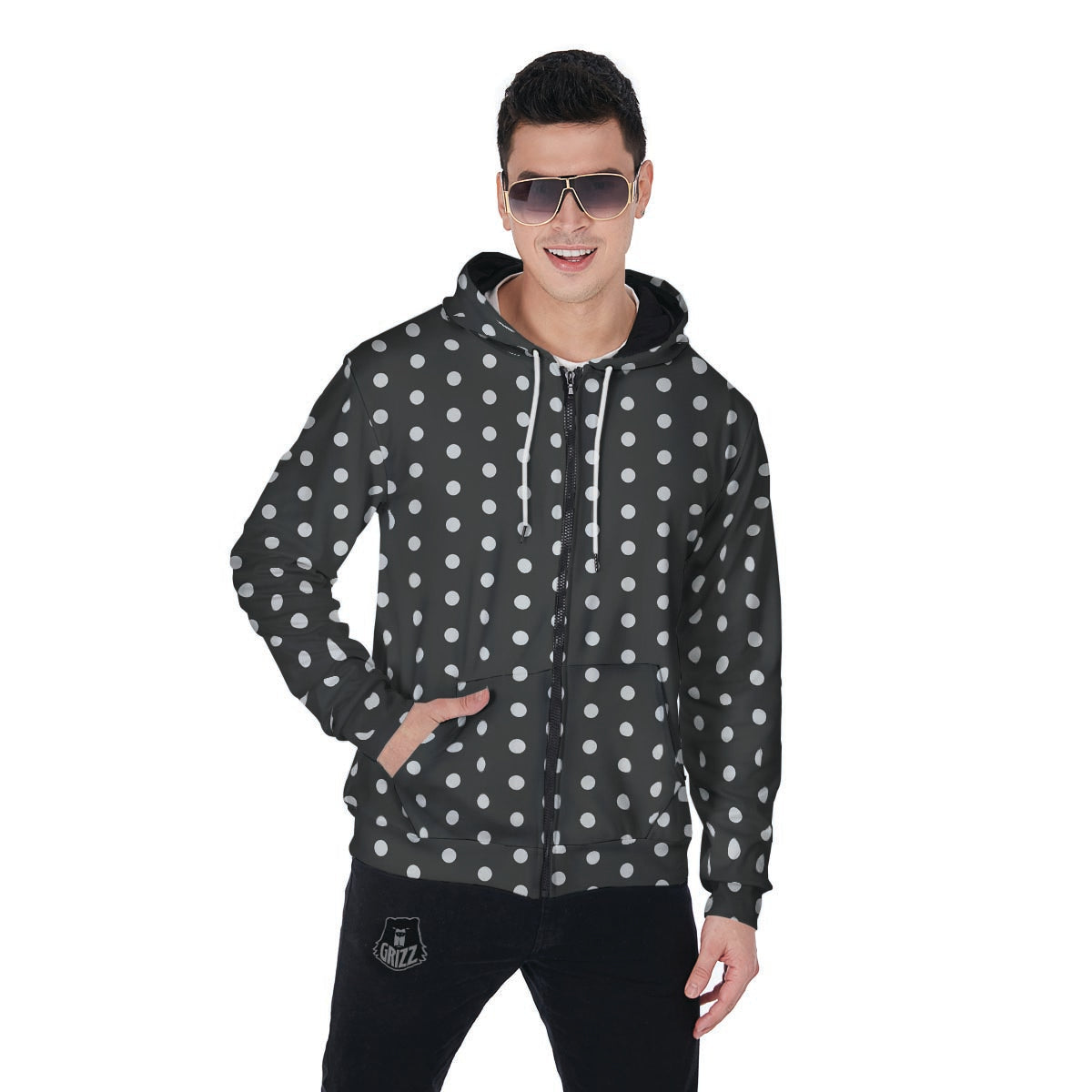 Black Tiny Polka Dot Men's Zip Up Hoodie-grizzshop