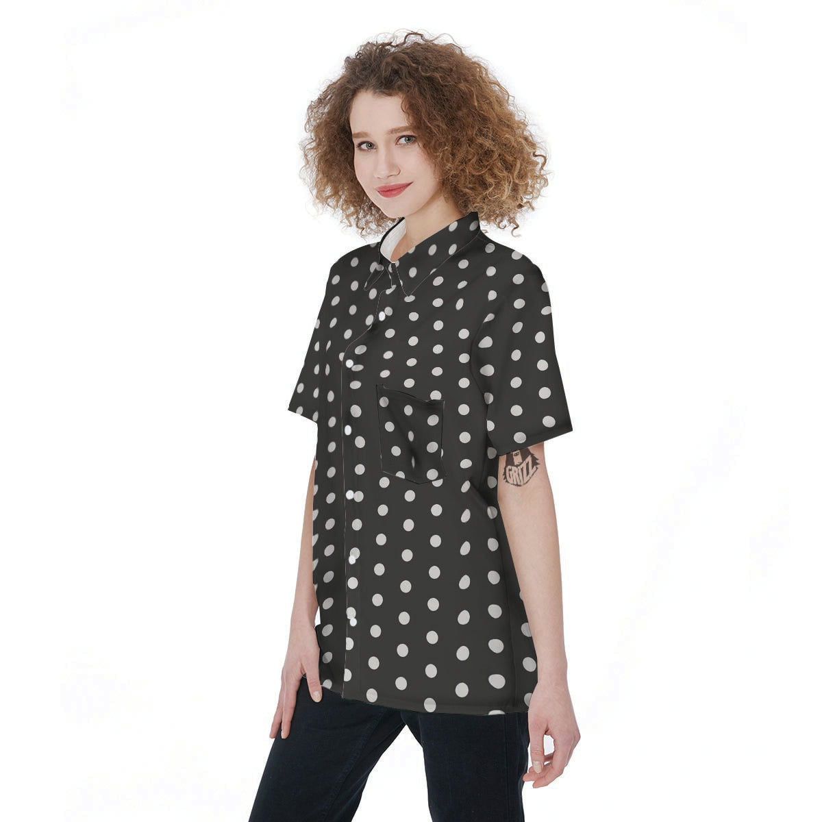 Black Tiny Polka Dot Women's Short Sleeve Shirts-grizzshop