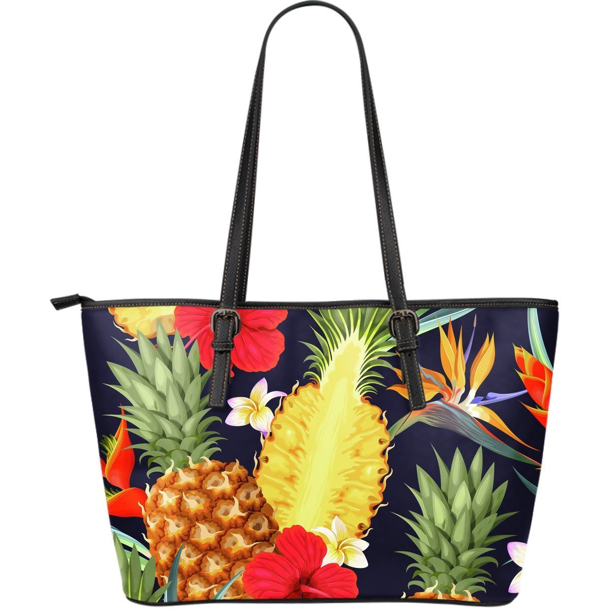 Black Tropical Hawaiian Pineapple Purse Print Leather Tote Bag-grizzshop