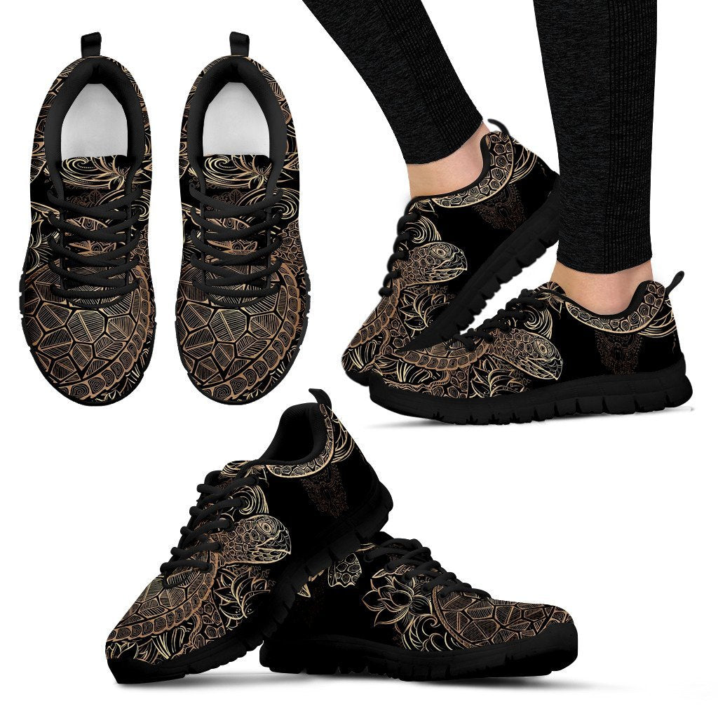 Black Turtle Hawaiian Pattern Print Black Sneaker Shoes For Men Women-grizzshop