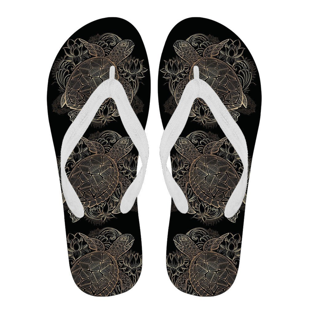 Black Turtle Hawaiian Pattern Print Men & Women Flip Flops-grizzshop
