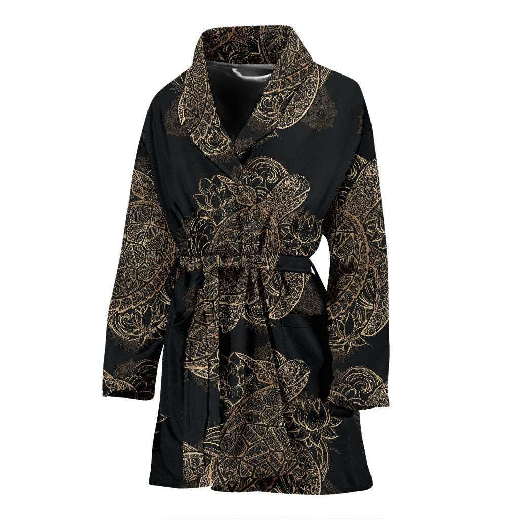Black Turtle Hawaiian Pattern Print Women Long Robe-grizzshop