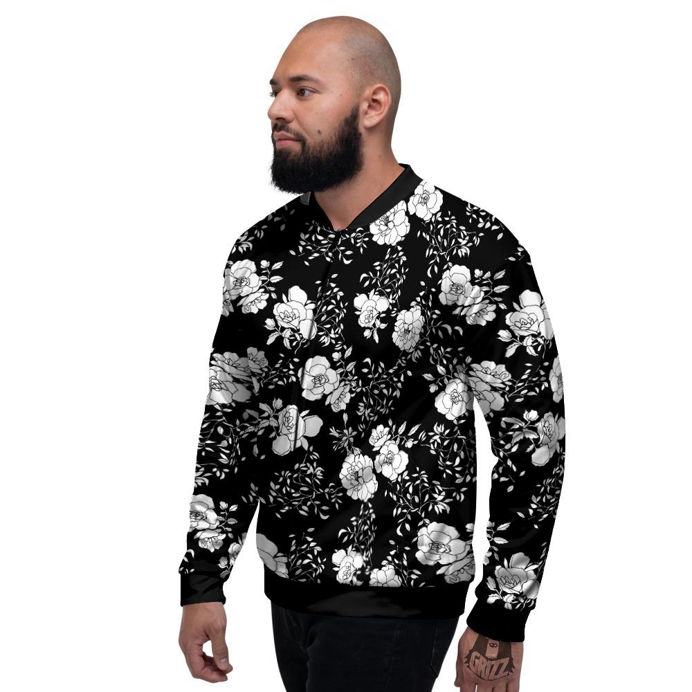 Black Vintage And White Floral Print Pattern Men's Bomber Jacket-grizzshop