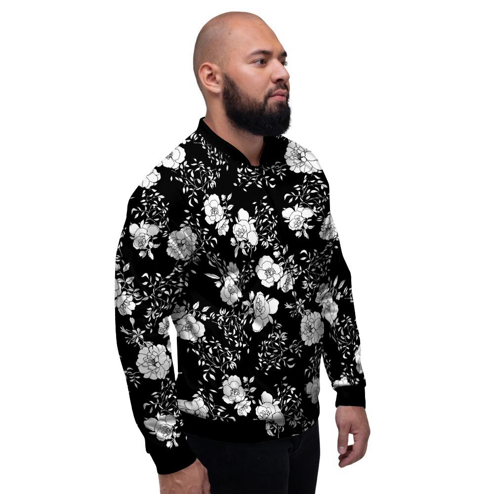 Black Vintage And White Floral Print Pattern Men's Bomber Jacket-grizzshop